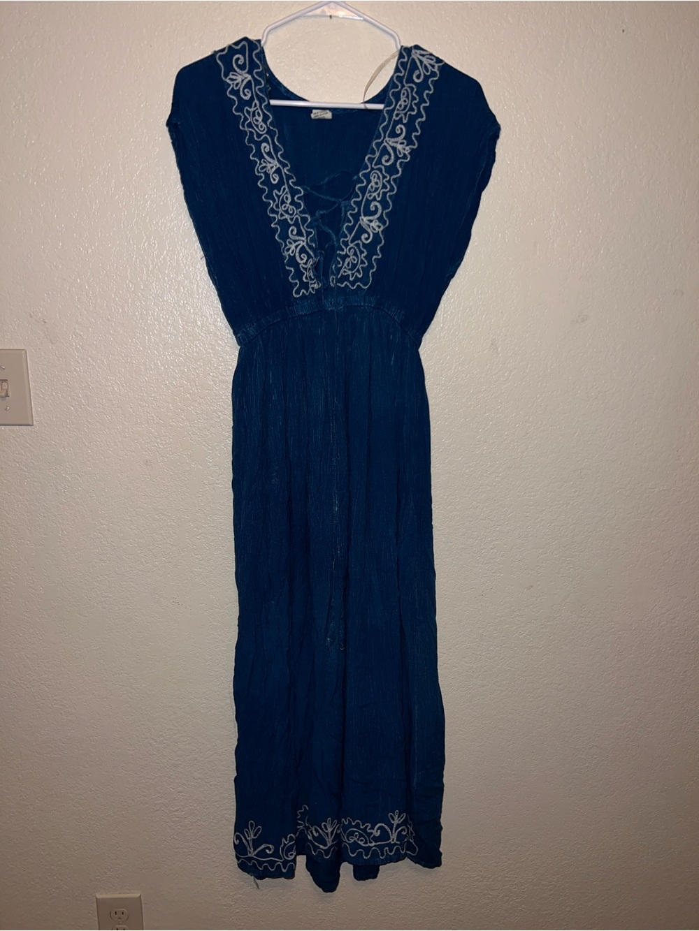 Embroidered Deep Blue V-Neck Maxi Dress